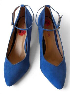 Material Girl Royal Blue Faux Suede Ankle Strap Statement Pumps Heels 7